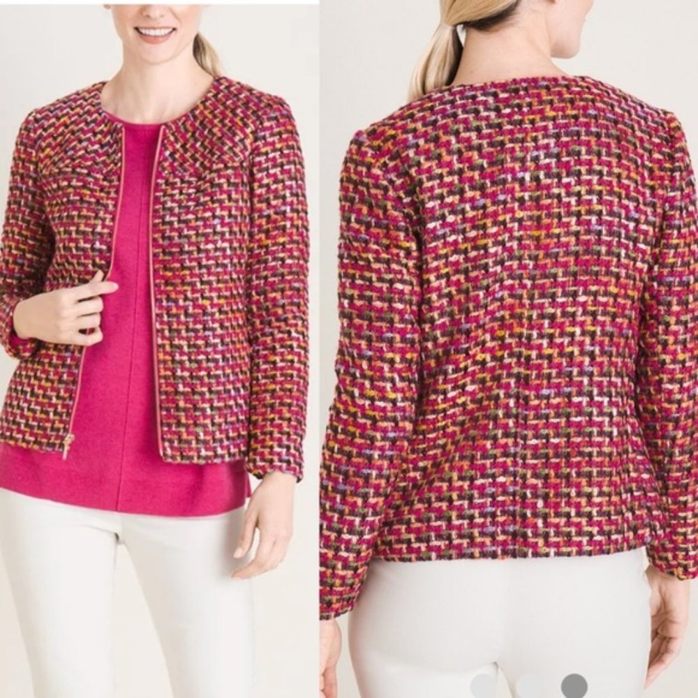 New Chico’s Color Pop Tweed Zipper Front Fuschia Jacket 0P(US Size 4P)